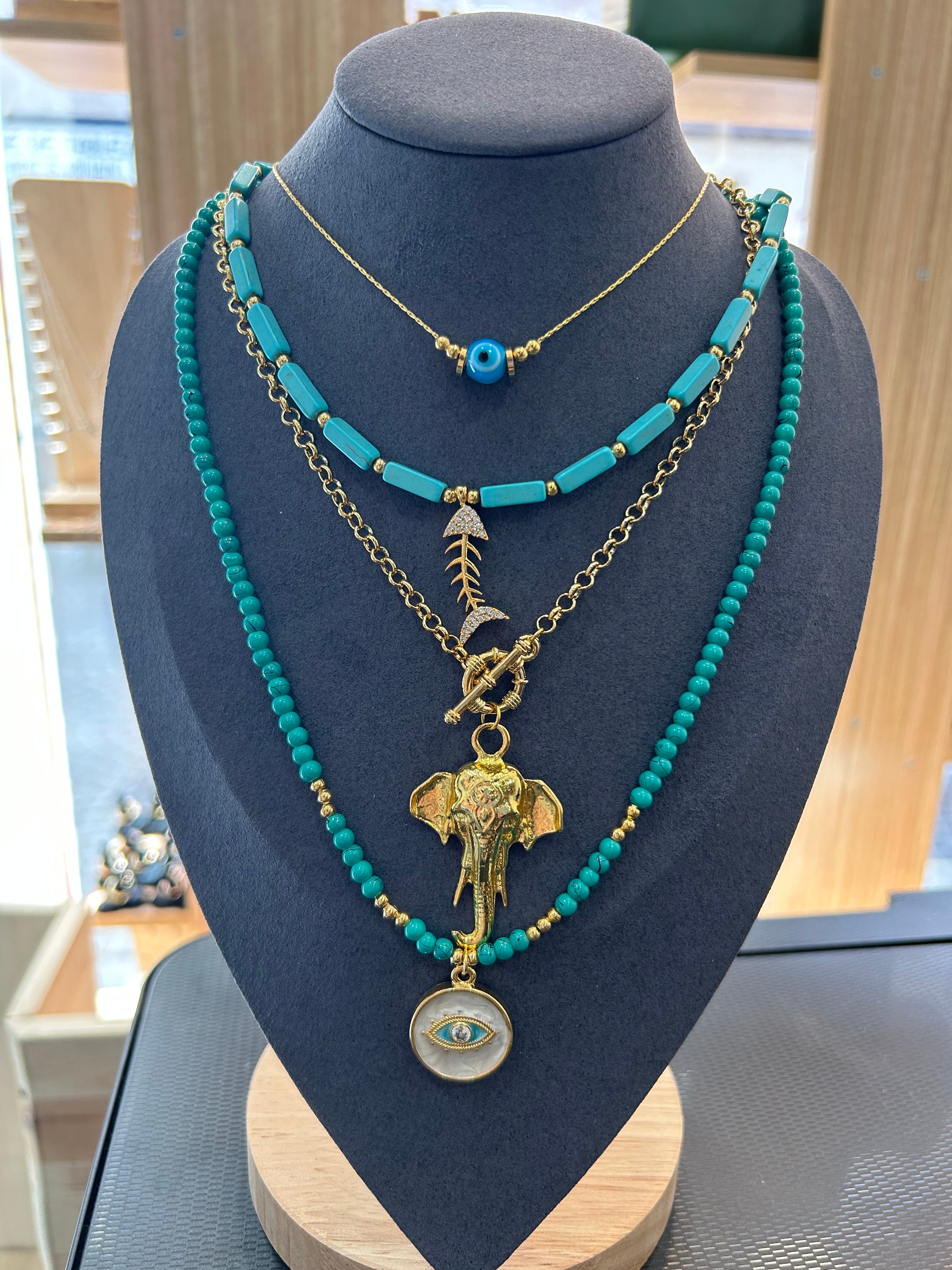 Turquoise Stone Toggle Chain Necklace Set, Handmade Blue Natural Stone Necklace, Gold plated Four Layer Necklace Set, Birthday Gift for Her